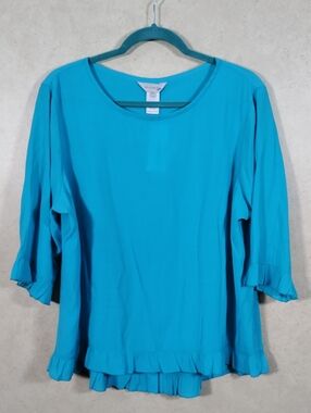 G099 Multiples turquoise Montego Bay ruffle trim blouse PXL NWT